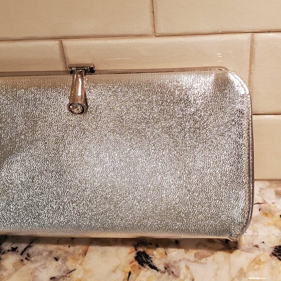 Womens Evening Bag Clutch Purse Silver Metallic + NWT Extra Long Silver Gloves - Picture 10 of 12